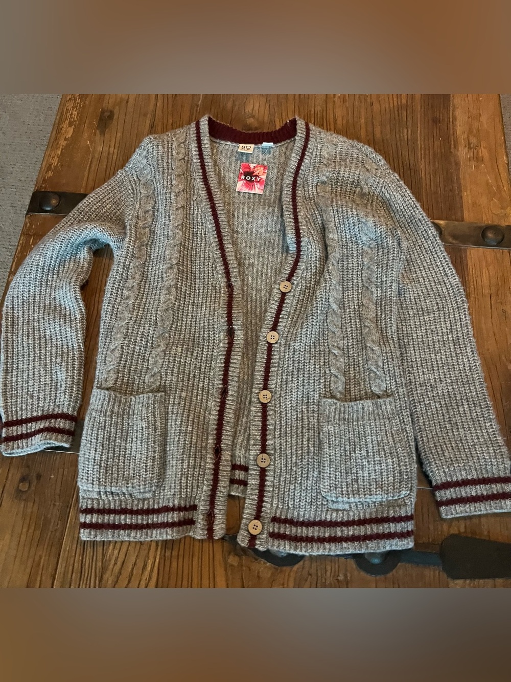 Roxy Grey Cable Knit Cardigan with Burgundy Trim